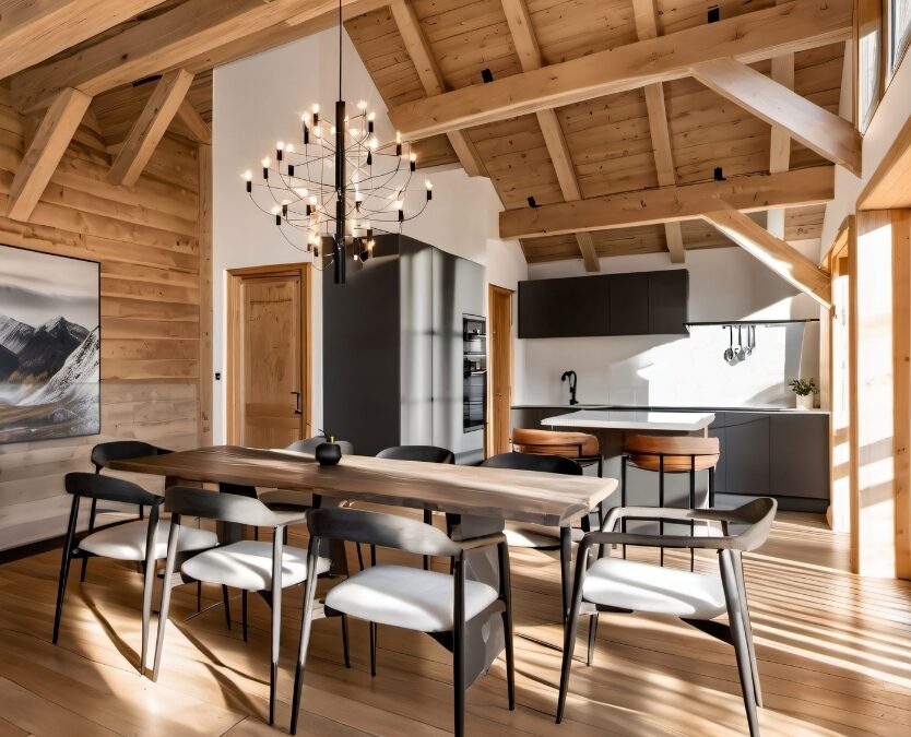 Cuisine ouverte sur salle à manger avec une belle hauteur de plafond en bois avec charpente.