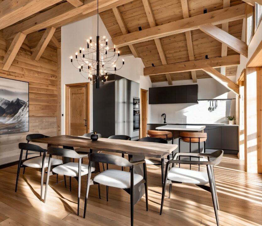 Cuisine ouverte sur salle à manger avec une belle hauteur de plafond en bois avec charpente.