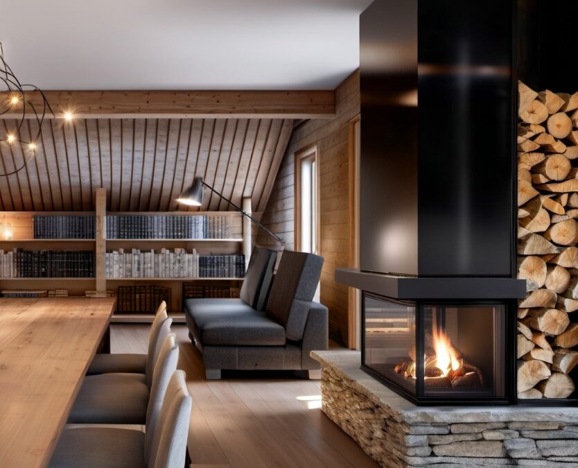 Coin bibliothèque avec cheminée dans un chalet.