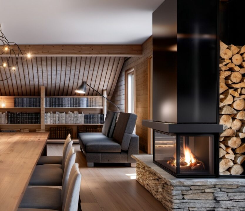 Coin bibliothèque avec cheminée dans un chalet.