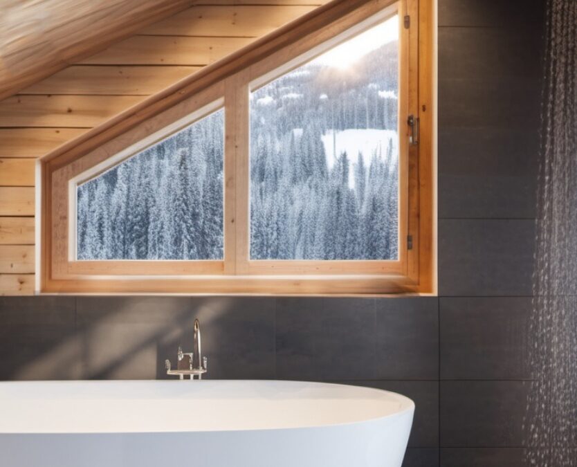 Salle de bain avec vue sur l'extérieur, baignoire sabot et ambiance boisée et luxe.