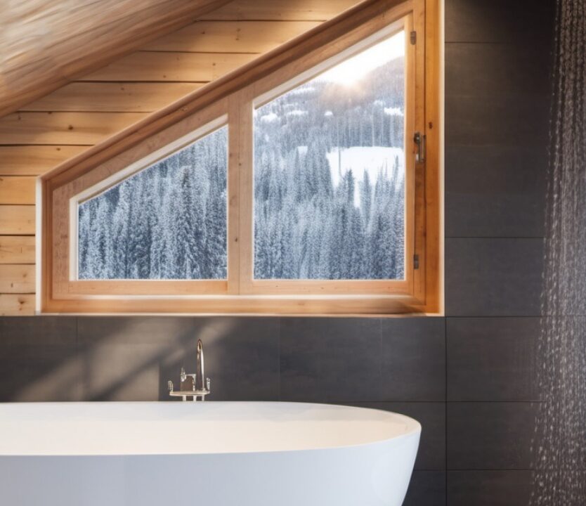Salle de bain avec vue sur l'extérieur, baignoire sabot et ambiance boisée et luxe.